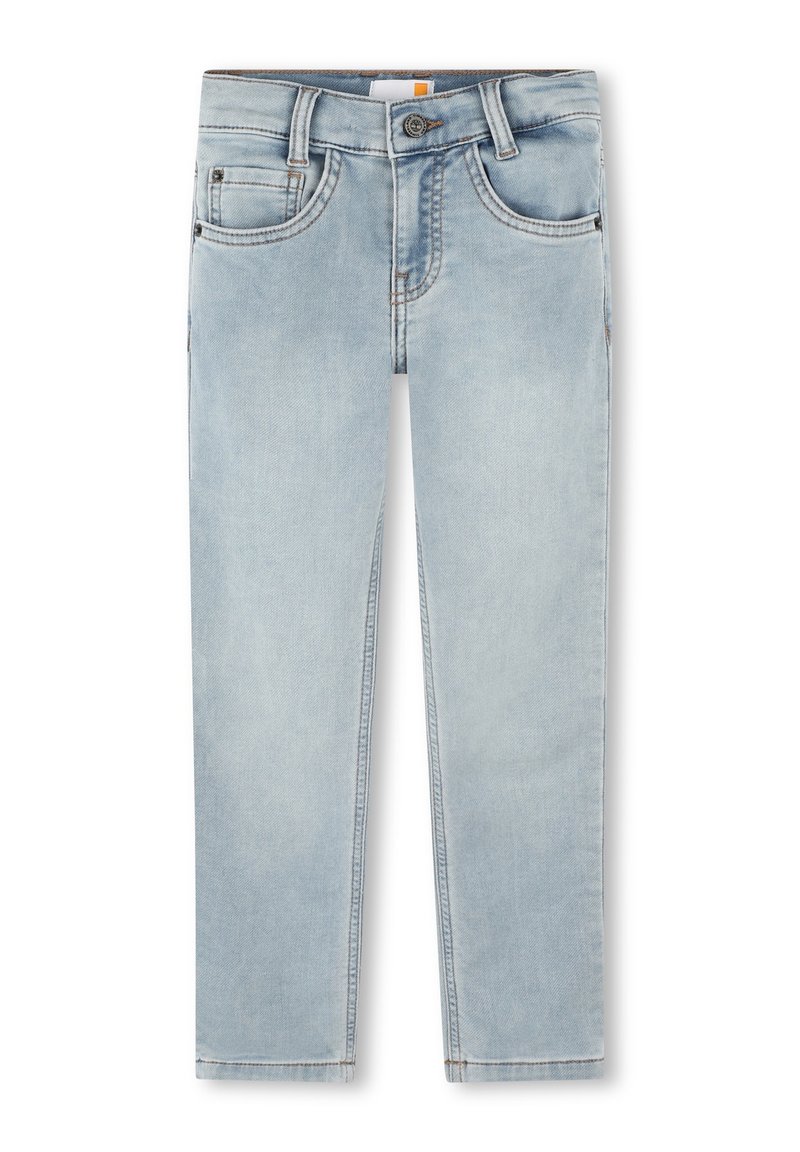 Jeans in denim azzurro chiaro con vestibilità regolare. Presentano tasche frontali e posteriori, passanti per cintura e dettagli di cucitura lungo le cuciture.