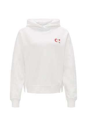 Sweatshirt à capuche blanc avec des poignets et un ourlet côtelés. Présente un petit logo multicolore sur la poitrine. Texture lisse, design décontracté.