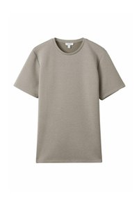 Tricou scurt, de culoare gri deschis, din material moale, cu guler rotund și croială dreaptă; cusături minime și linii curate.