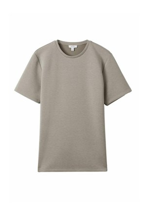 Lichtgrijs, T-shirt met korte mouwen, gemaakt van zachte stof met een ronde halslijn en rechte snit; minimaal stikwerk en strakke lijnen.