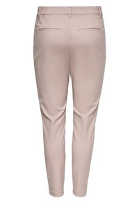 Vaaleanpunaiset räätälöidyt housut, joissa on kapea leikkaus, kaksi takataskua ja sileä kangastuntuma. Suunniteltu siistiä siluettia varten.