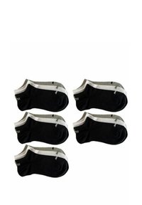Fünf Paar tiefschnittige Socken in Schwarz und Grau mit weißen Streifen. Hergestellt aus weichem Stoff und mit einem Logo-Detail an der Seite.