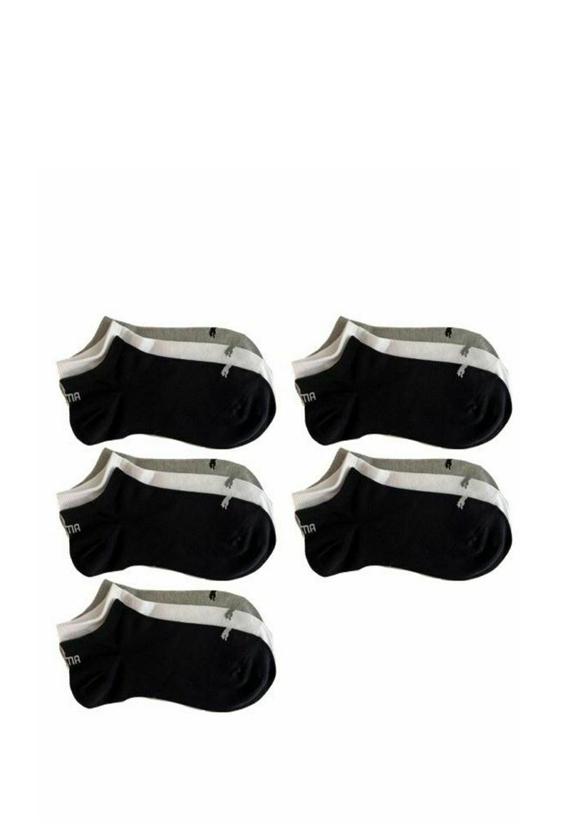 Fünf Paar tiefschnittige Socken in Schwarz und Grau mit weißen Streifen. Hergestellt aus weichem Stoff und mit einem Logo-Detail an der Seite.