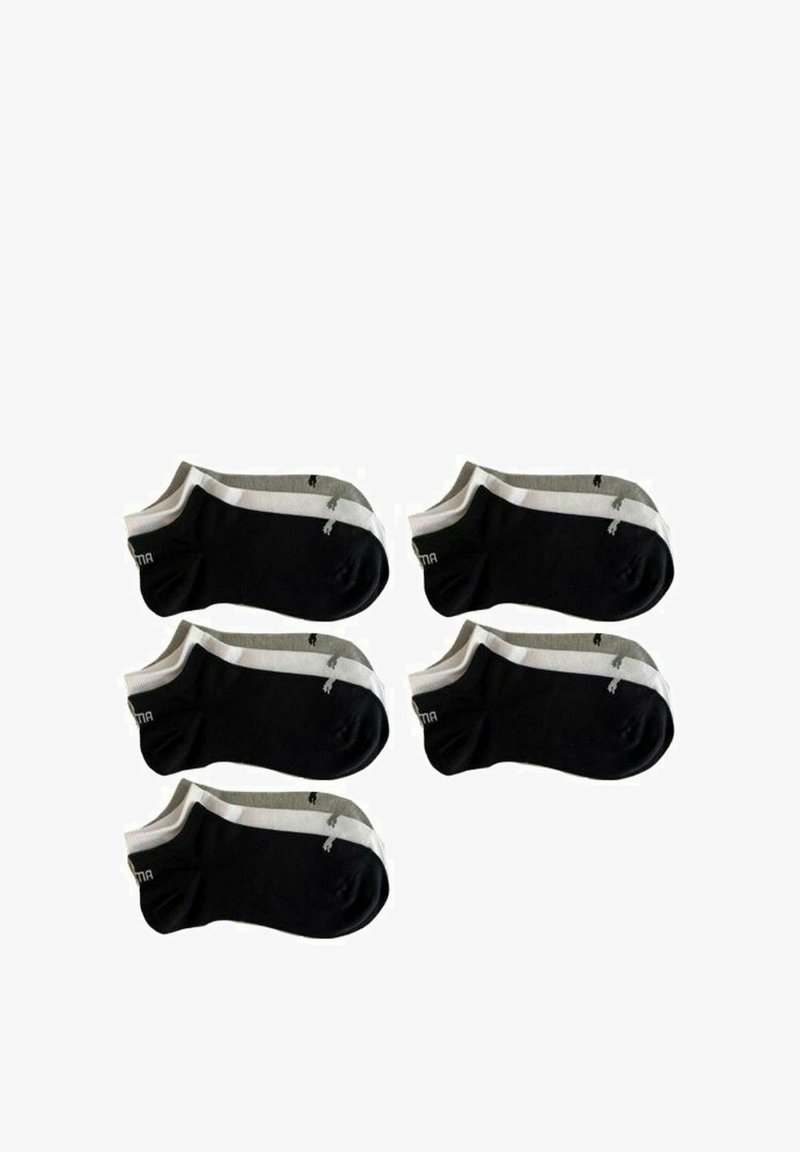 Fünf Paar tiefschnittige Socken in Schwarz und Grau mit weißen Streifen. Hergestellt aus weichem Stoff und mit einem Logo-Detail an der Seite.