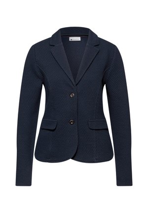 Blazer texturizado de color azul marino para mujer con solapas con muesca, dos botones en la parte delantera y bolsillos con solapa, corte entallado.