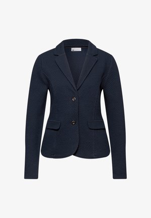 Blazer da donna blu navy con trama, revers a lancia, due bottoni frontali e tasche con patta, taglio sartoriale.