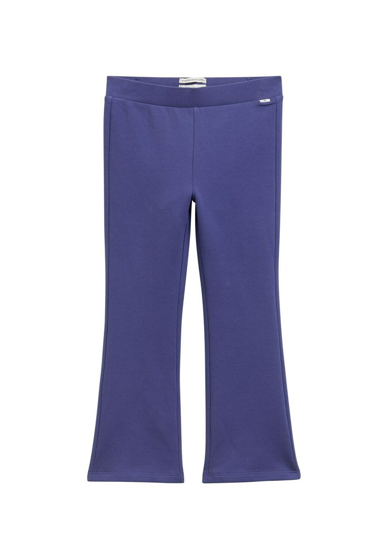 Purpurne flare legice iz raztegljive tkanine, z elastičnim pasom in gladko teksturo, brez vidnih vzorcev ali dodatkov.