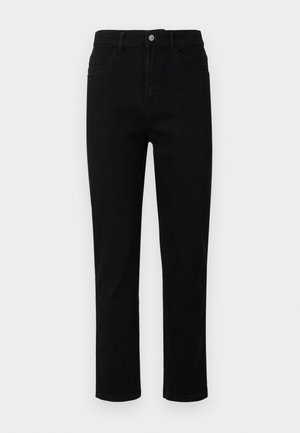 Jeans de ganga pretos com um corte straight-leg, passantes para cinto e design de cinco bolsos. Apresenta um fecho frontal com botão e detalhes de costura clássicos.