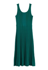 Teal, sleeveless dress with a fitted bodice featuring horizontal ribbing and a flared, pleated skirt. Soft, stretchy fabric.