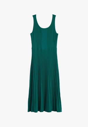 Teal, ærmeløs kjole med tætsiddende overdel, der har horisontal ribbning og en flagrende, plisseret skørt. Blødt, strækbart stof.