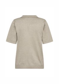 Krátky rukáv béžovej polo tričko z mäkkej pleteniny, s klasickým golierom a rebrovaným lemom. Čistý dizajn bez ďalších ozdôb.