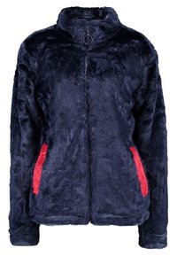 Giacca in finta pelliccia blu navy con colletto alto, zip frontale e tasche laterali rosse. Tessuto morbido con una vestibilità leggermente oversize.