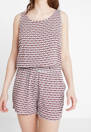 Czerwono-biała wzorzysta bluzka bez rękawów w połączeniu z pasującymi szortami. Tkanina jest lekka, a talia elastyczna dla wygody.