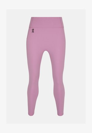 Mauve leggings met hoge taille, een klein zwart logo op de linkerheup, gladde stof en een nauwsluitend ontwerp in volledige lengte.
