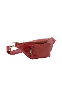 Marsupio in pelle rossa con un compartimento principale con zip e una tasca frontale più piccola. Presenta una tracolla removibile e una superficie texture.