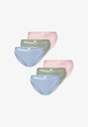 Et sæt med seks kvinders trusser i lys pink, blød grøn og lys blå. De elastiske taljer har prægede logoer. Materialet er en bomuldsblanding.