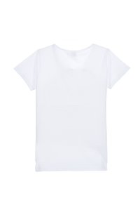 Weißes Baumwoll-T-Shirt mit rundem Halsausschnitt und kurzen Ärmeln. Glatte Textur, schlichtes Design, keine Muster oder Grafiken. Rückansicht gezeigt.