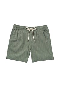 Shorts à rayures vertes en tissu léger. Équipés d'une taille élastique avec cordon de serrage et d'un design minimaliste.