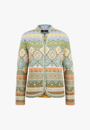 Knitted cardigan featuring colorful geometric patterns in green, orange, and blue. It has a round neck, button closure, and long sleeves.