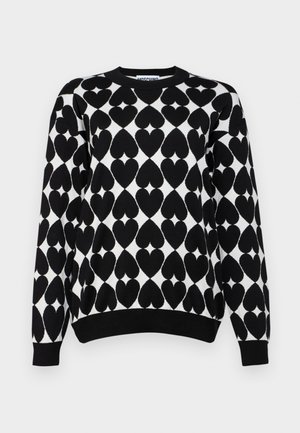 Schwarz-weißes Sweatshirt mit Herzmuster, geripptem Rundhals- und Armabschluss sowie einer strukturierten Strickoptik.