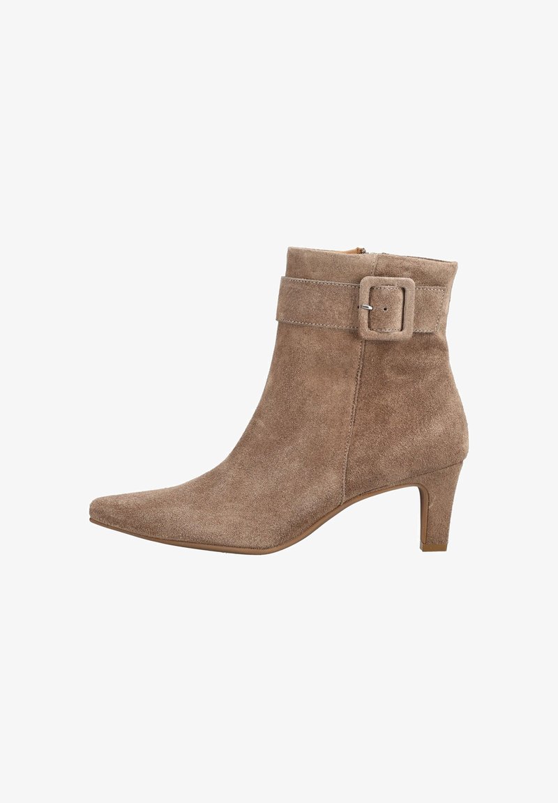 Bottine taupe en daim avec bout pointu, talon bloc, fermeture éclair latérale et bride décorative avec boucle autour de la partie supérieure de la cheville.