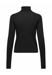 Schwarzer Rollkragenpullover mit langen Ärmeln, aus einem glatten, leichten Stoff gefertigt. Mit einer taillierten Silhouette und gerippten Bündchen.