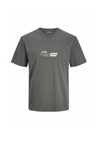 Grå bomulds t-shirt med rund hals, korte ærmer, med bjerggrafik og "Jack & Jones" logo i hvid på forsiden.