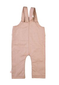Light pink overall design with adjustable straps, made from soft fabric, featuring a straight cut and rolled cuffs at the ankles.