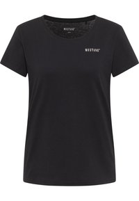 Czarna bawełniana koszulka z krótkimi rękawami, okrągłym dekoltem i małym białym logo "MUSTANG" na lewej piersi. Miękka tekstura, luźny krój.