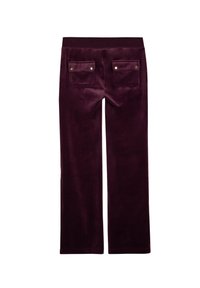 Pruimkleurige corduroy broek met een zachte textuur, rechte pijpen en twee achterzakken met goudkleurige drukknopen.