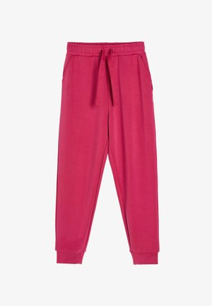 Jasnoróżowe spodnie dresowe z elastycznym pasem, regulowanym sznurkiem, bocznymi kieszeniami i ściągaczami przy nogawkach.