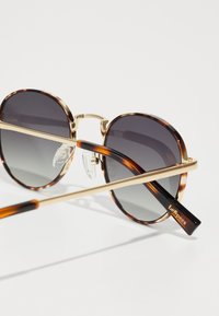 Ochelari de soare rotunzi cu ramă din material țestoasă, lentile gri cu gradient, accente metalice aurii și proteze nazale transparente. Branding "Les Specs" pe braț.