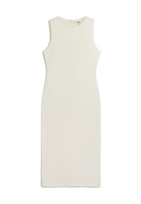 Abito senza maniche, elegante e di lunghezza al ginocchio, realizzato in un morbido tessuto bianco, con un design aderente caratterizzato da una sottile trama e una chiusura con zip sul retro.