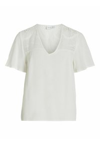 Blouse blanche avec un décolleté en V, des manches courtes évasées et des détails en broderie sur les épaules. Tissu léger avec une texture.