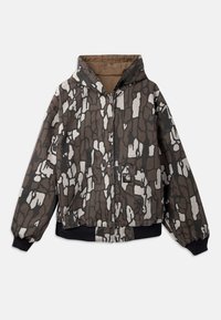 Kapuzenshirt in Braun und Grau, mit einem strukturierten, abstrakten Muster, Reißverschluss vorne, zwei Taschen sowie elastischen Bündchen und Saum.