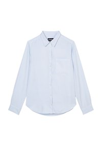 Light blue long-sleeved shirt made of a smooth fabric, featuring a collar, button front, and a left chest pocket. Rounded hem at the bottom.