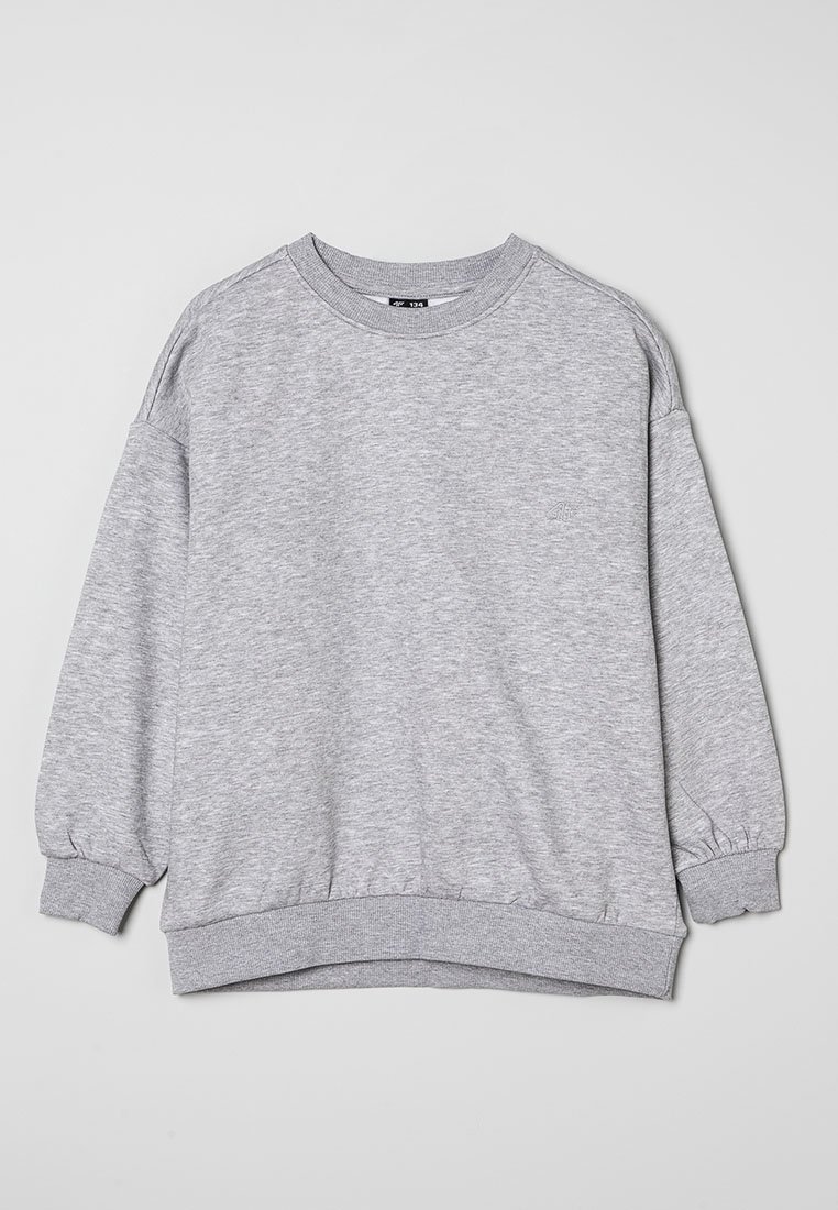Szary sweatshirt wykonany z miękkiej tkaniny, z okrągłym dekoltem, elastycznymi mankietami i luźnym krojem z prążkowanym dołem.