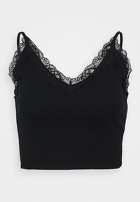 Czarny crop top z regulowanymi ramiączkami spaghetti, prążkowaną teksturą oraz dekoltem w kształcie litery V wykończonym koronką. Prosty, dopasowany fason.