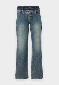 Blue denim jeans with a high waist, wide leg, and subtle fading. Features a button closure and multiple pockets for utility.