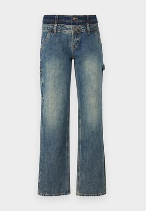 Blue denim jeans with a high waist, wide leg, and subtle fading. Features a button closure and multiple pockets for utility.