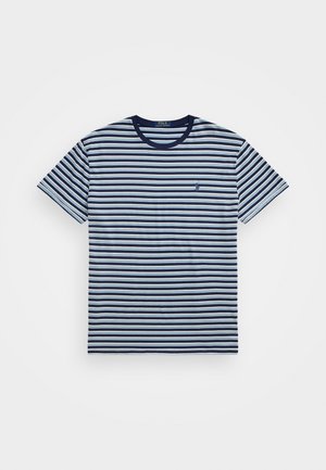 Tricou în dungi alb-albastre, din material din bumbac, cu gât rotund, mâneci scurte, având un mic logo în marin pe pieptul stâng.