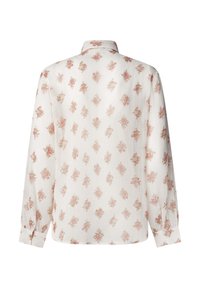 Blusa a maniche lunghe in tessuto bianco, con motivo floreale in tonalità rosa e oro. Include un colletto classico e polsini con bottoni.
