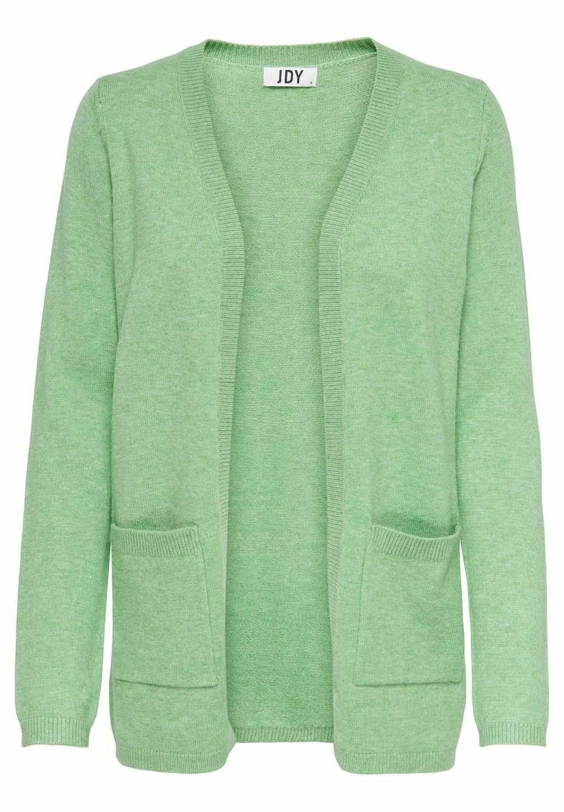 Green knitted cardigan with open front, long sleeves, and two front pockets. Soft texture, ribbed cuffs, and hem. Light, casual design.