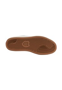 Suela de zapato de goma con un patrón texturizado marrón y un diseño superior blanco. Presenta un estampado de logo y un área de puntera reforzada.