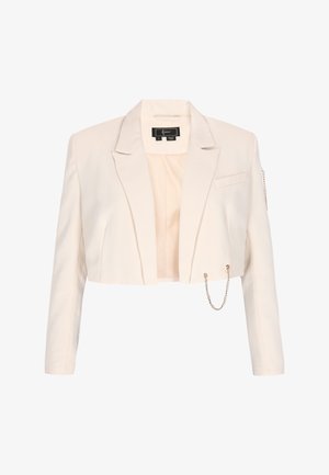 Gekürzter cremefarbener Blazer mit maßgeschneidertem Design, mit Reverskragen und einer Kettenakzentuierung auf der Vorderseite. Leichtes Material mit glatter Textur.