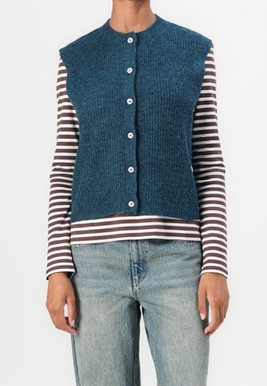 Henkilö, jolla on yllään sininen, napitettava neuleliivi ruskean ja valkoisen raidallisen pitkähihaisen paidan päällä sekä vaaleansiniset farkut.