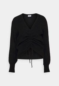 Svart stickad tröja med V-ringning och långa, lösa ärmar. Har samlad detalj vid midjan med justerbara snoddar för passform.