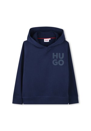 Sweat à capuche bleu marine avec un col en V, poche kangourou à l'avant et logo "HUGO" en bleu clair sur la poitrine. Fabriqué dans un tissu doux avec une texture lisse.