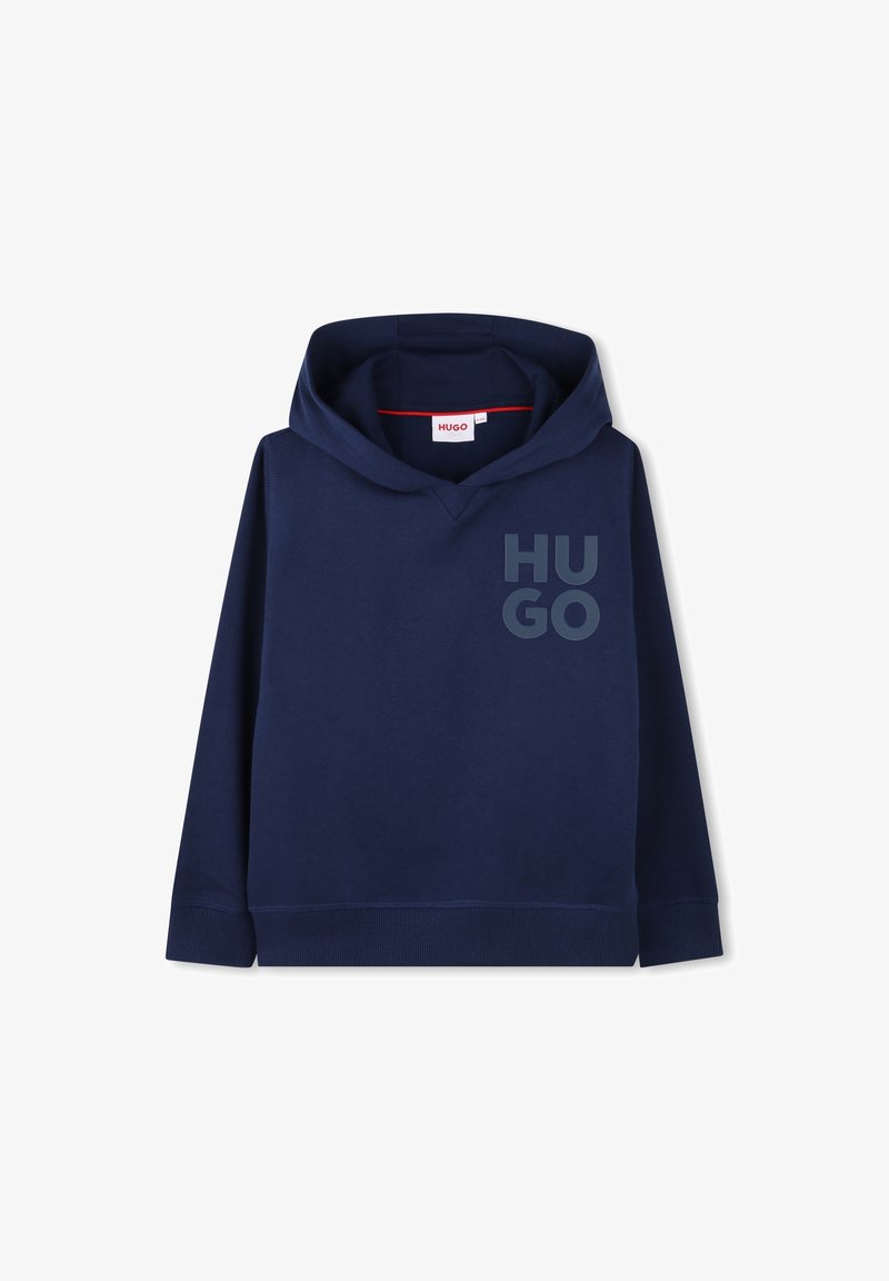 Sweat à capuche bleu marine avec un col en V, poche kangourou à l'avant et logo "HUGO" en bleu clair sur la poitrine. Fabriqué dans un tissu doux avec une texture lisse.