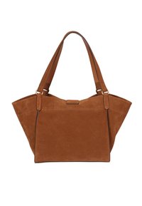 Brown suede tote bag with two shoulder straps, a triangular shape, accent stitching, and a flat front pocket. Smooth hardware details included.